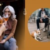lifestyle image of women drinking wine beside friends at a coffee shop with their pet dog