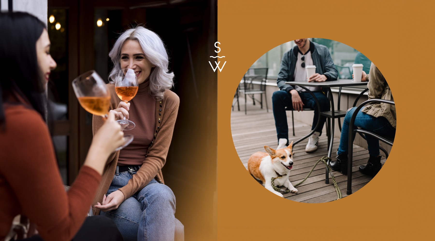 Vibrant Community Life lifestyle image of women drinking wine beside friends at a coffee shop with their pet dog
