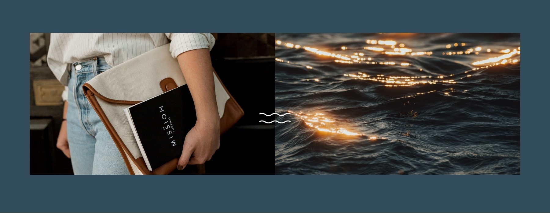 edited image showing a woman holding some books and light reflecting on deep waves