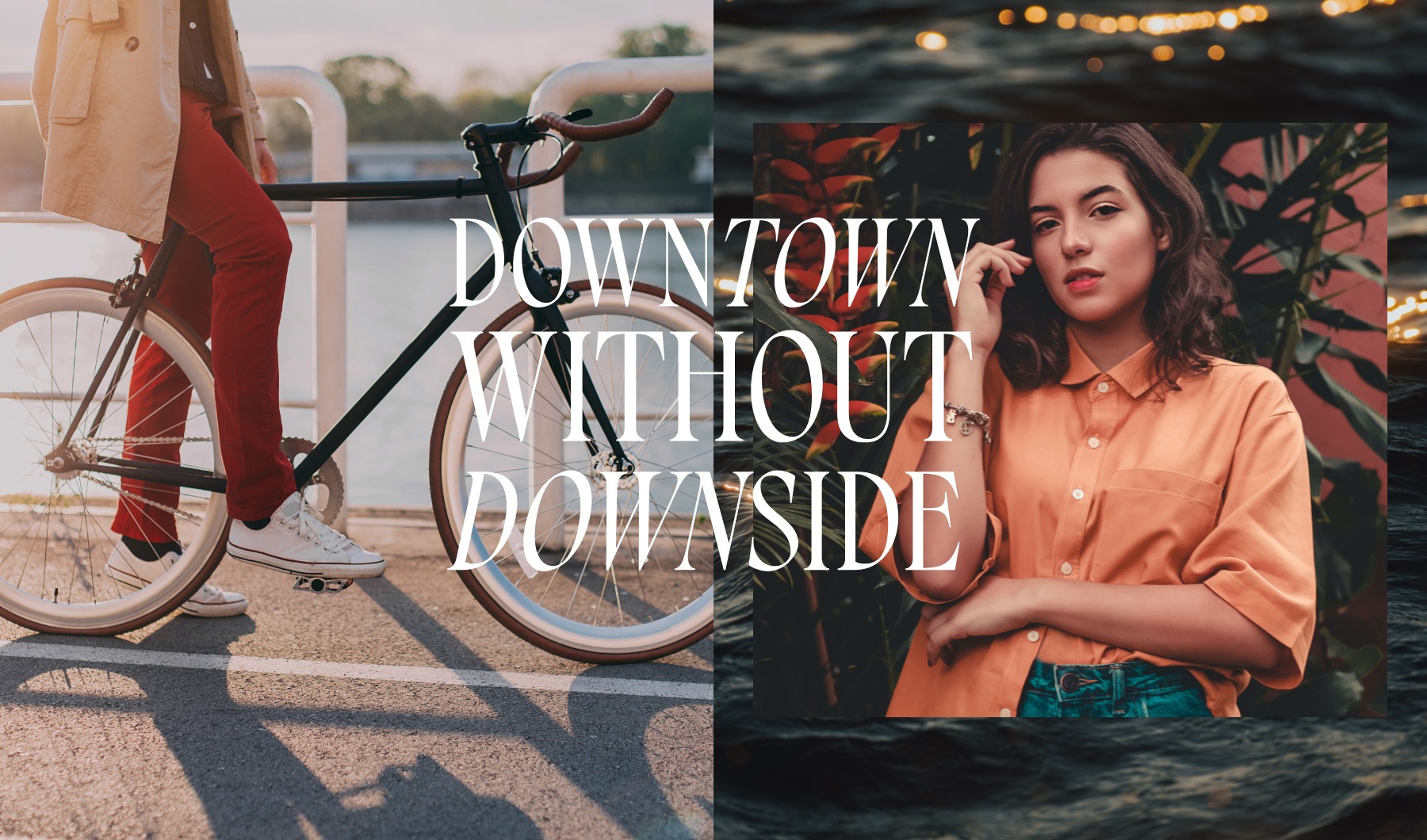 edited view of city skyline and a young lady with a text overlay that says downtown without downside